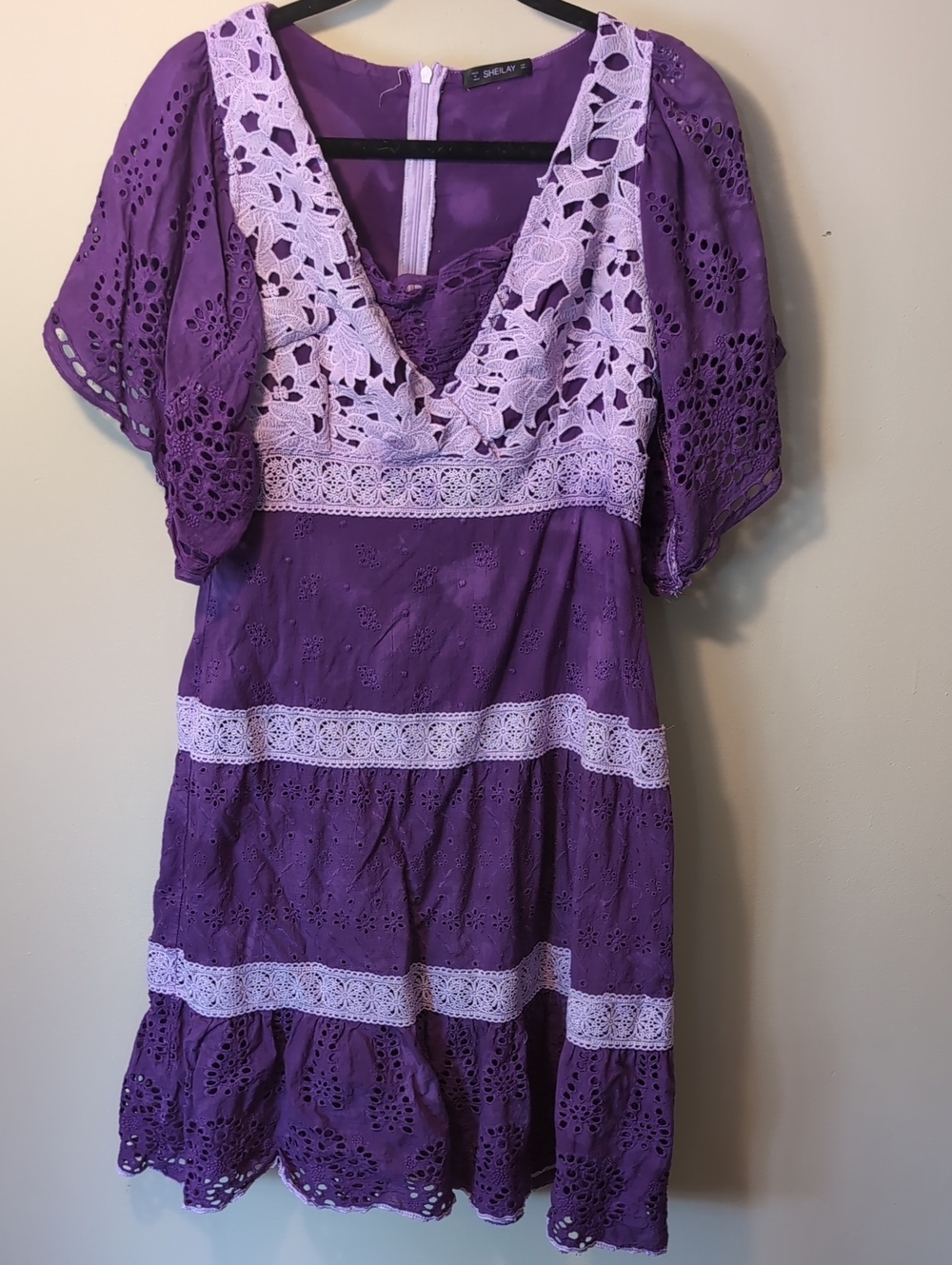 Eyelet Lace V-Neck Midi Dress in Purple & Lavender by Sheilay